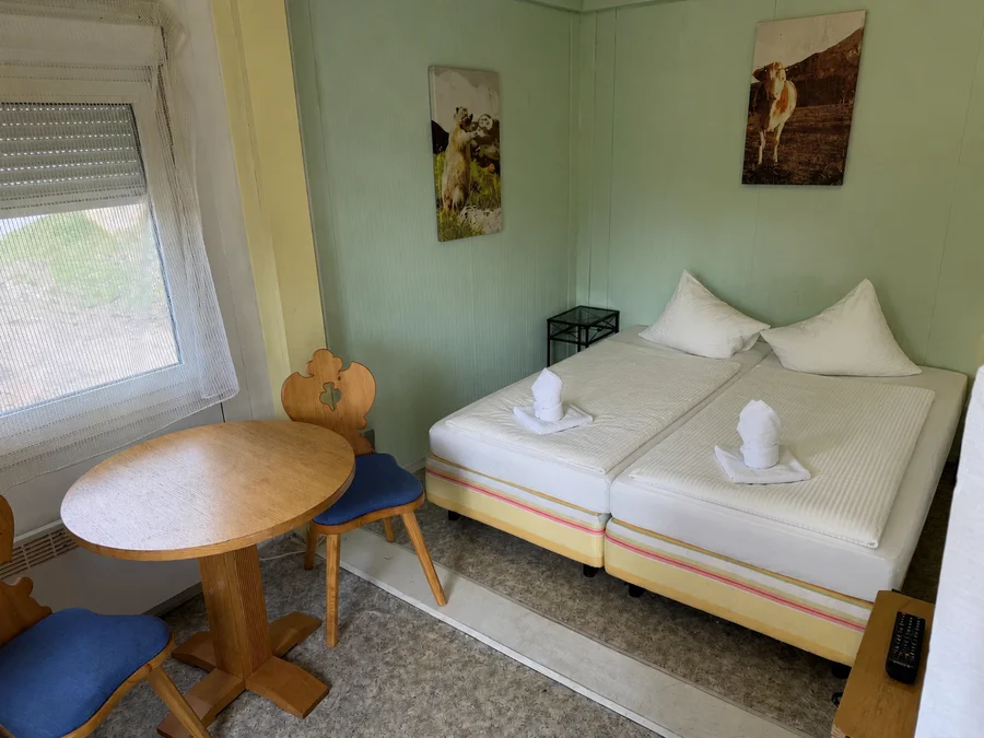 Zimmer in der Stay Easy Box mit zwei Betten, rundem Tisch, zwei Stühlen und Tierbildern an grüner Wand